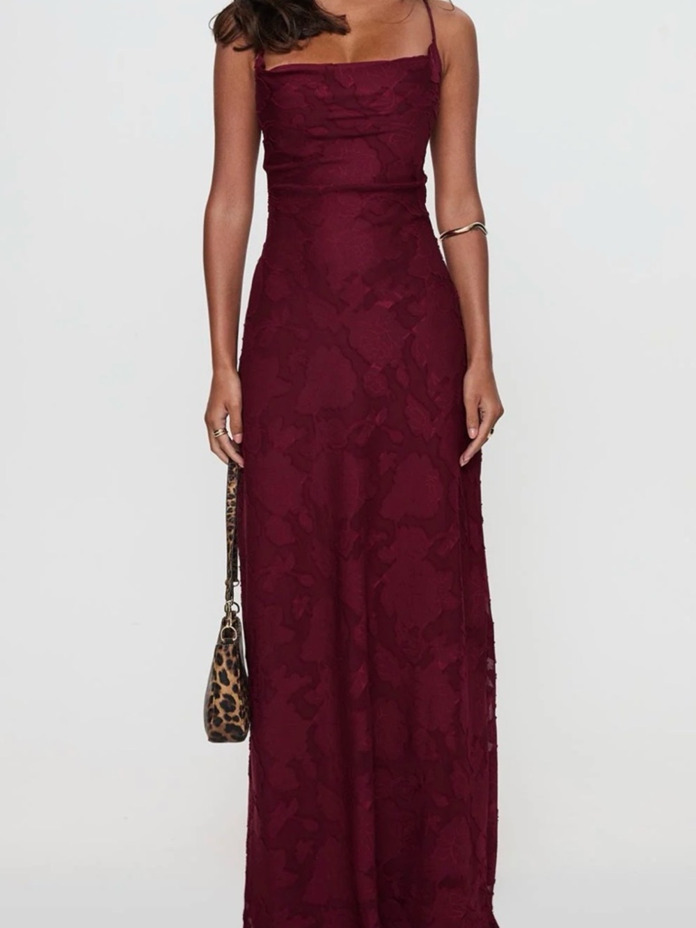 Women's Burgundy Lace Maxi Dress - Elegant Strappy Evening Gown